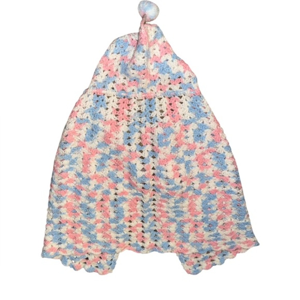 Vintage Handknit Crochet baby girl poncho 6-9 month pink/blue/white